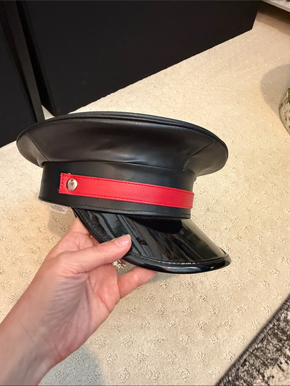 Black and Red Leather-Look Peaked Captain hat